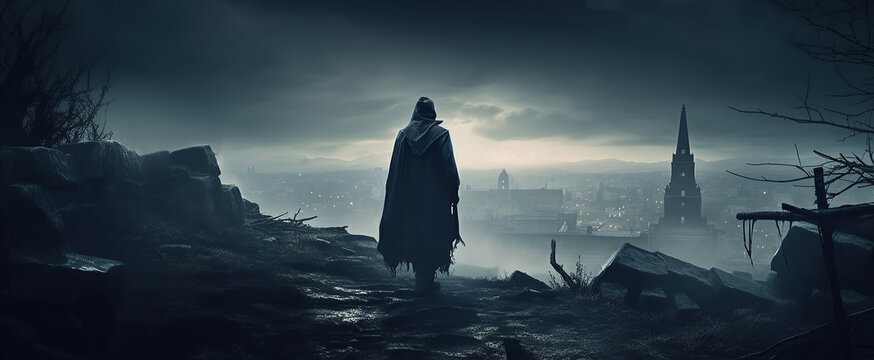 back of death in black cloak and hood in city at night. Generative AI illustration