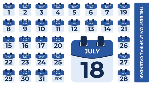 July flat daily spiral calendar icons set, date vector image in matching color scheme. Suitable and perfect for design material, such as event or reminder. The best editable graphic resources.