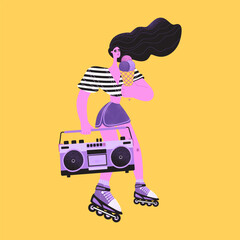 Cute girl on roller skates with ice cream and tape recorder. Entertainment in retro style. Lifestyle illustration