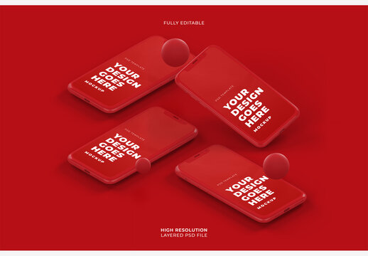 4 Red Smartphones Mockup with 3D Geometry Floating Shapes on Light Red Background
