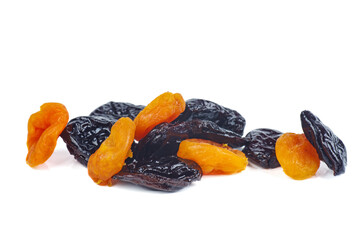 Dried plums and apricots isolated on white background.