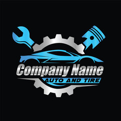 Automotive logo, car repair, Gear with a wrench, car silhouette, car logo design vector template icon