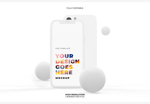 Vertical Smartphone Mockups with Floating 3D Shapes on Light White Background
