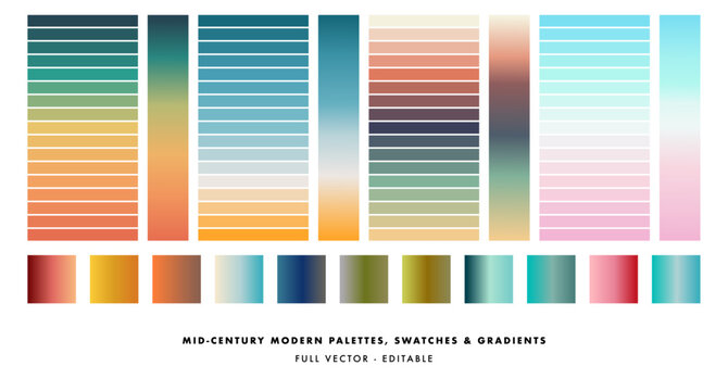 Mid Century 1970s retro gradients, swatches and palettes. Full vector, editable. VIntage colors.