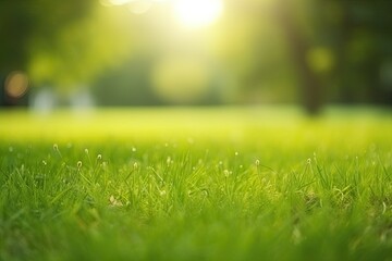 Fresh green garden grass lawn in spring, summer with bright bokeh of blurred foliage of springtime in the background - Generative AI