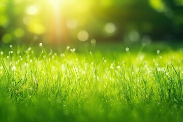 Obraz premium Fresh green garden grass lawn in spring, summer with bright bokeh of blurred foliage of springtime in the background - Generative AI