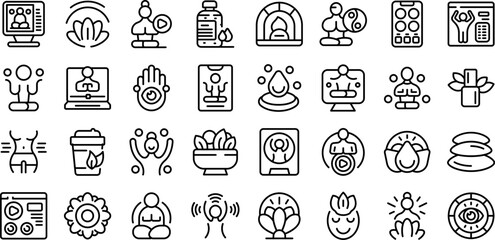 Online yoga training icons set outline vector. Yoga asana. Workout class