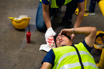 First Aid. Engineering supervisor helping to give first aid to head injured foreman  lying...