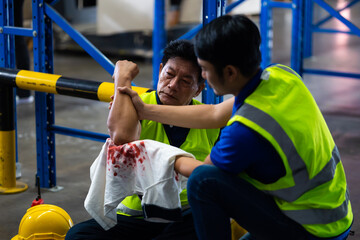 Fototapeta na wymiar First Aid. Engineering supervisor helping to give first aid to the injured foreman his coworker lying unconscious at industrial factory. Professional engineering teamwork concept.
