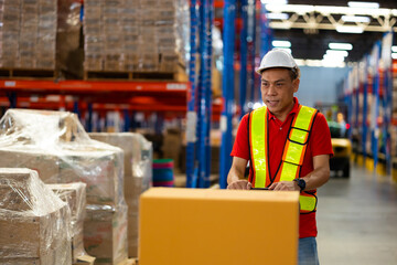 Warehouse staff worker wearing hardhat helmet standing by goods shelf working pulling a pallet truck in large warehouse factory. Asian engineer man