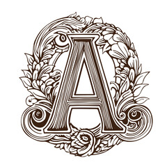 letter A Floral monogram. Vintage ornament initial Alphabet spiral style.