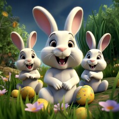 Easter bunnies playing with eggs in a garden. Created using generative AI.