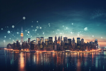 Fototapeta premium City with glowing icons business technology. AI Generated