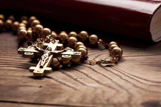 Rosary with a cross on a wooden table near the book. Religion. Generative AI