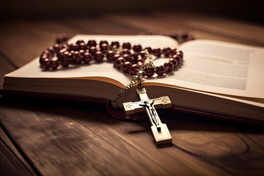 Open bible and wooden rosary with a cross. Generative AI