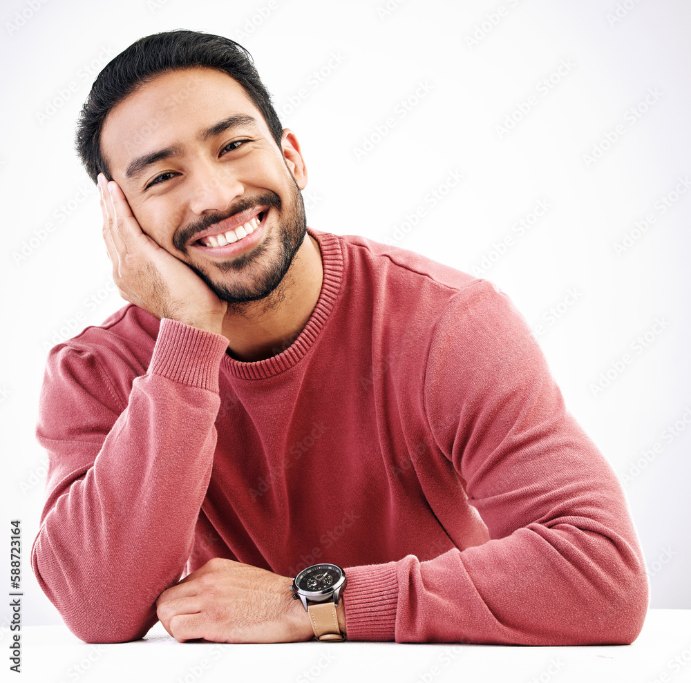 Poster happy, man and portrait in a studio with a smile looking attractive and handsome. isolated, white ba