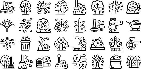 Cleaning autumn foliage icons set outline vector. Garden nature. Cleaning grass