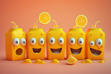 Smile cartoon lemonades citrus, summer refreshing drinks on yellow background, Ai Generative characters