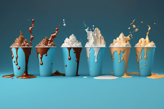 Six Extreme milkshakes with chocolate, cookies and sweets splash levitation. Crazy freakshake, junk sweet food dessert, Ai generative.