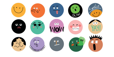 Naklejka premium Big Set of abstract face with various emotions , vector illustration.