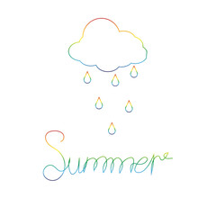 Creative Outline Rainbow cloud with rain drops and sun isolated on white background. Summer script font. Gender revolution concept. Cute Line art summer weather element with Editable stroke. 