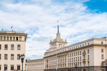 Facades of state administrative buildings in Sofia. Architecture from the communist era in the center of Sofia, the capital of Bulgaria.