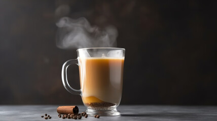 Fototapeta premium Masala chai tea in a glass cup. A traditional hot drink in India and South Asia. Black tea with milk and spices, gray background, copy space