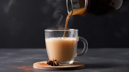 Masala chai tea is poured into a glass cup. A traditional hot drink in India and South Asia. Black tea with milk and spices, gray background, copy space