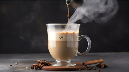 Masala chai tea is poured into a glass cup. A traditional hot drink in India and South Asia. Black tea with milk and spices, gray background, copy space