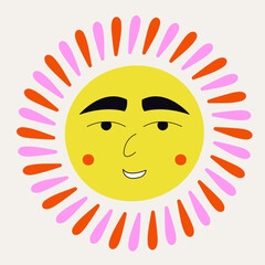 Smiling sun, abstract personage, mascot design, funny face, cute icon.