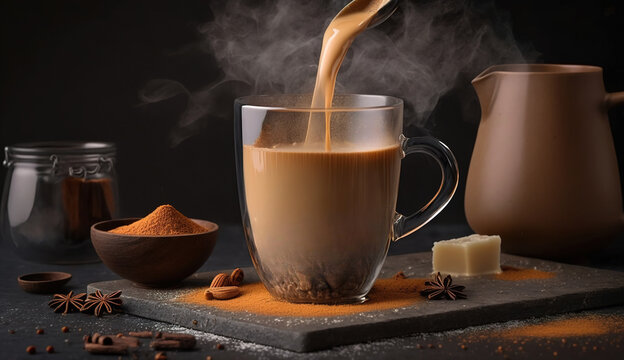 Masala chai tea is poured into a glass cup. A traditional hot drink in India and South Asia. Black tea with milk and spices, gray background, copy space