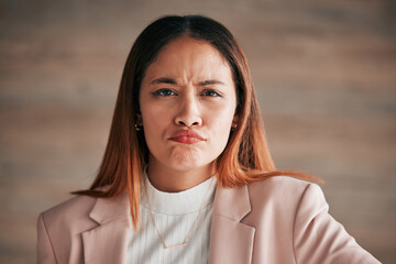 Portrait, frown and business woman in office confused, unsure or unhappy on wall background. Face,...