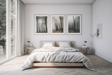 Fototapeta na wymiar Minimalist Bedroom with Blank Frames