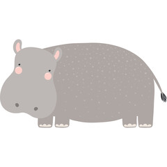 Cute funny hippo cartoon character illustration. Hand drawn Scandinavian style flat design, isolated vector. Tropical animal, jungle wildlife, safari, nature, kids print element