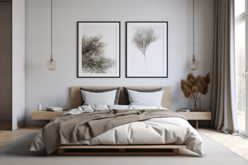 Fototapeta na wymiar Minimalist Bedroom with Blank Frames