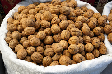 close up many walnuts in the bazaar               