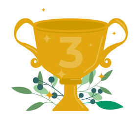 Third place winner's cup. gold cup with a trophy. 