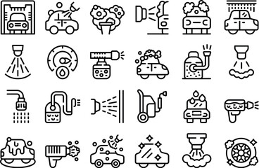 High pressure washer icons set outline vector. Car wash. Cleaner water