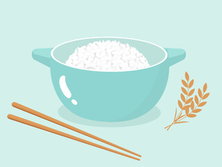 Rice bowl with chopsticks and rice plant on green background vector illustration.