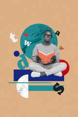 Minimal composite photo collage of student young girl preparing last semester exam read literature...