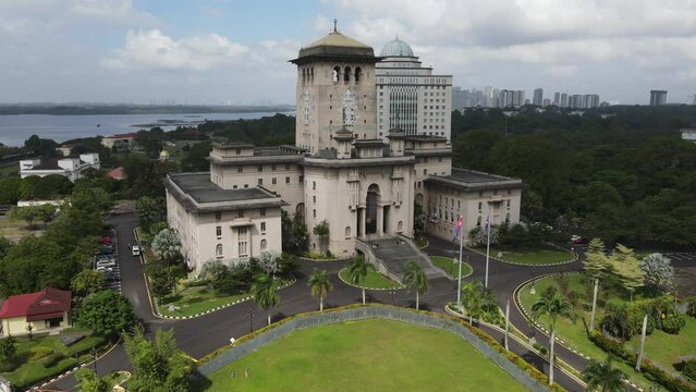 Aerial pulls away from Sultan Ibrahim Building in Johor Bahru Malaysia