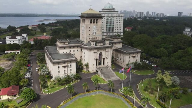 Aerial approach to colonial Government building in Johor Bahru, MYS