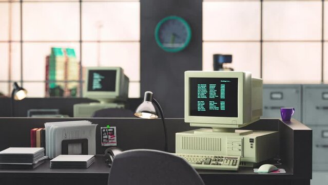 Retro Vintage Office Space PC with code displayed on a monitor. Old CRT display or screen. 80s, 90s style 4K animation