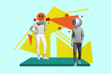 Composite collage photo of headless furious people sad emoticon proclaim megaphone aggressive bossy...