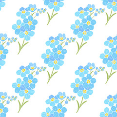Seamless pattern with forget-me-not flowers on white background. Vector illustration. Floral background. Perfect for design templates, wallpaper, wrapping, fabric and textile.