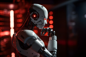 A roboter standing in a thinking pose in a room with a display that showing red data, generative ai