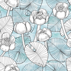 Abstract floral background. Seamless pattern with hand drawn  water lilies on blue watercolor background. Vector. Perfect for wallpaper, wrapping, fabric and textile.