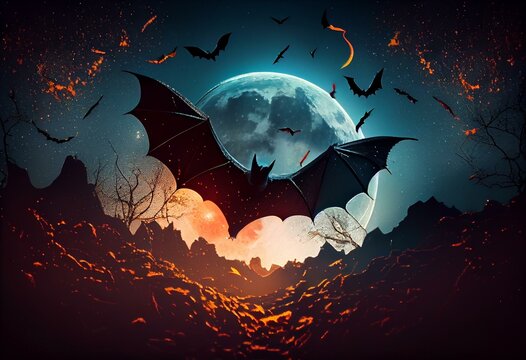 Flying bat silhouette in front of the moon shining in the sky. 3D illustration rendering. Generative AI