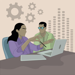 Flat design of discussing a woman and a man using  laptop computer