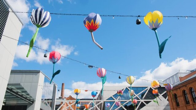 Tulips tied to the sky. Street decoration of the city.
